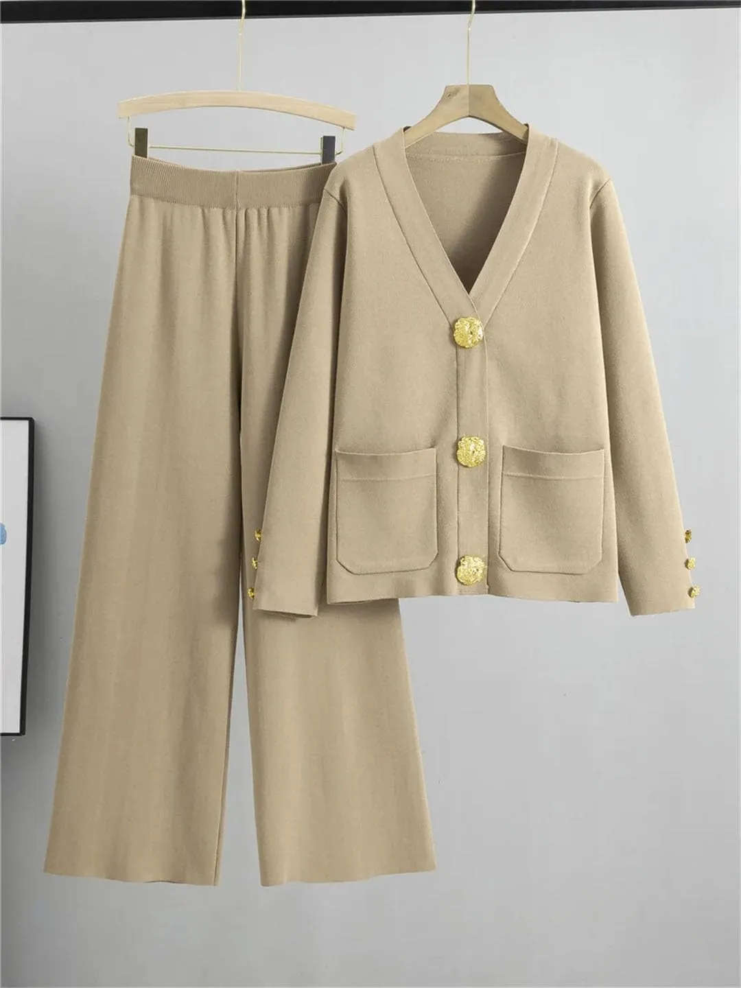 Women's Knit Sweater Sets Large Gold Button V-Neck Cardigan Coats Conjunto High Waist Baggy Wide Leg Pants Suits