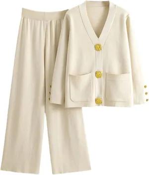 Women's Knit Sweater Sets Large Gold Button V-Neck Cardigan Coats Conjunto High Waist Baggy Wide Leg Pants Suits