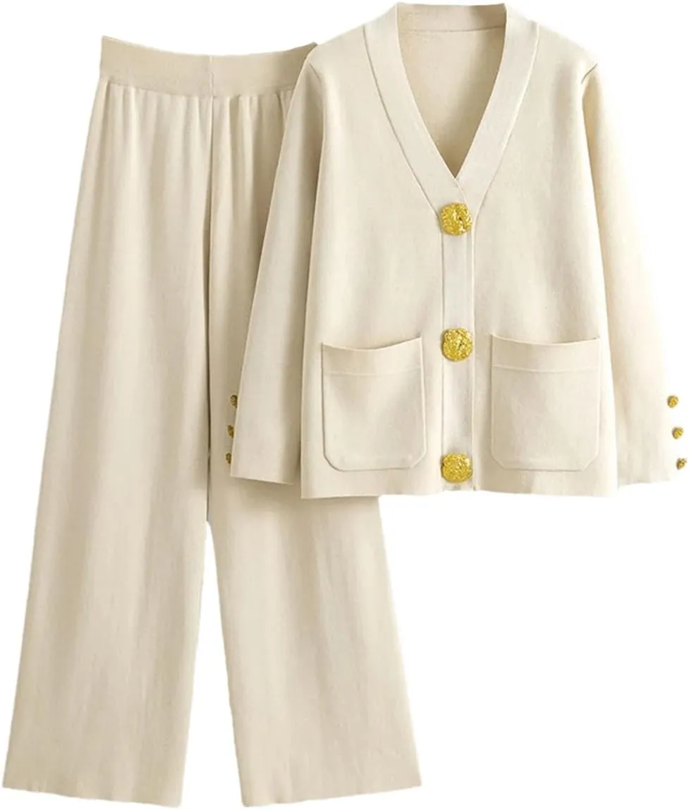 Women's Knit Sweater Sets Large Gold Button V-Neck Cardigan Coats Conjunto High Waist Baggy Wide Leg Pants Suits