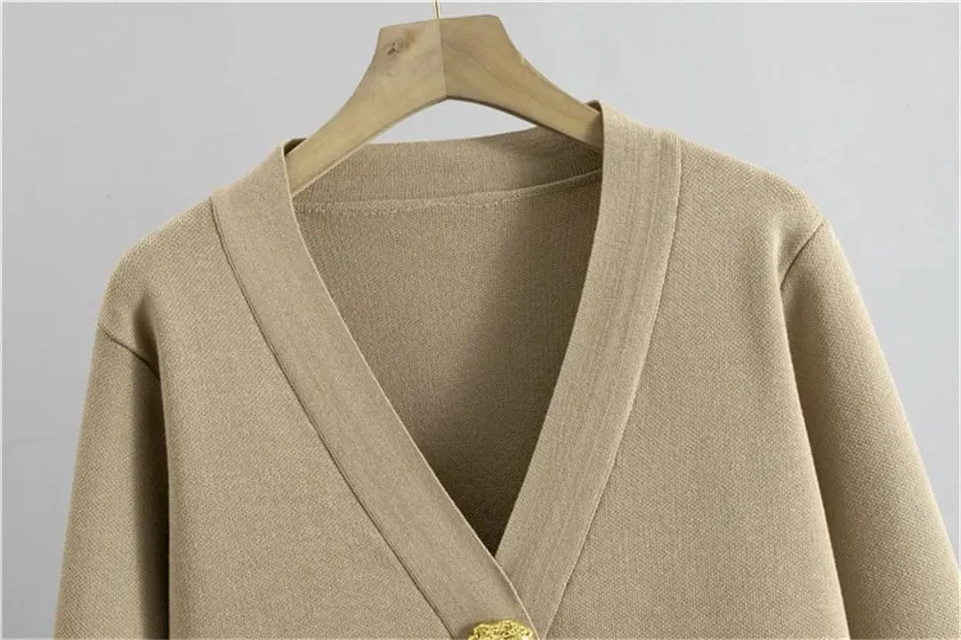Women's Knit Sweater Sets Large Gold Button V-Neck Cardigan Coats Conjunto High Waist Baggy Wide Leg Pants Suits