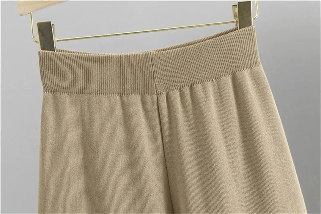 Women's Knit Sweater Sets Large Gold Button V-Neck Cardigan Coats Conjunto High Waist Baggy Wide Leg Pants Suits