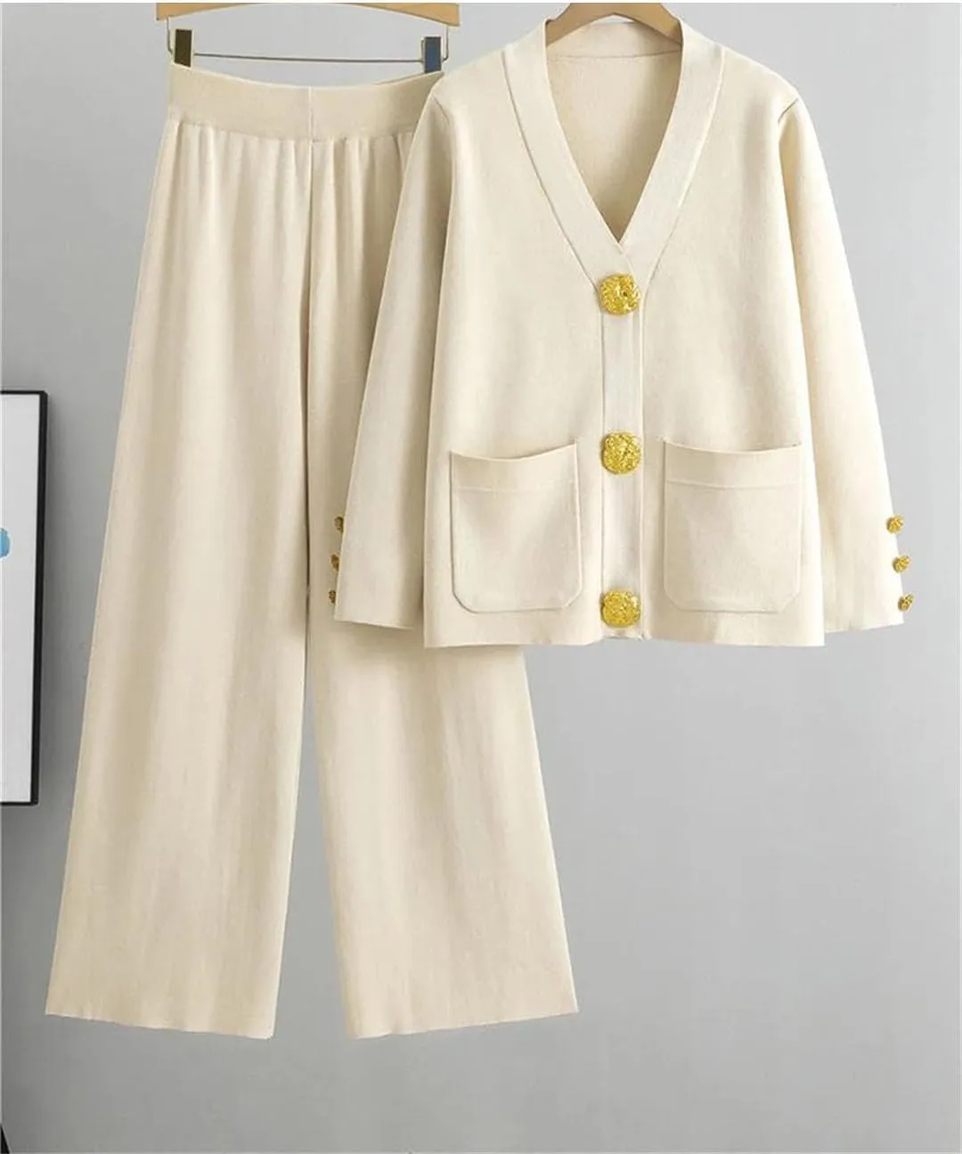 Women's Knit Sweater Sets Large Gold Button V-Neck Cardigan Coats Conjunto High Waist Baggy Wide Leg Pants Suits