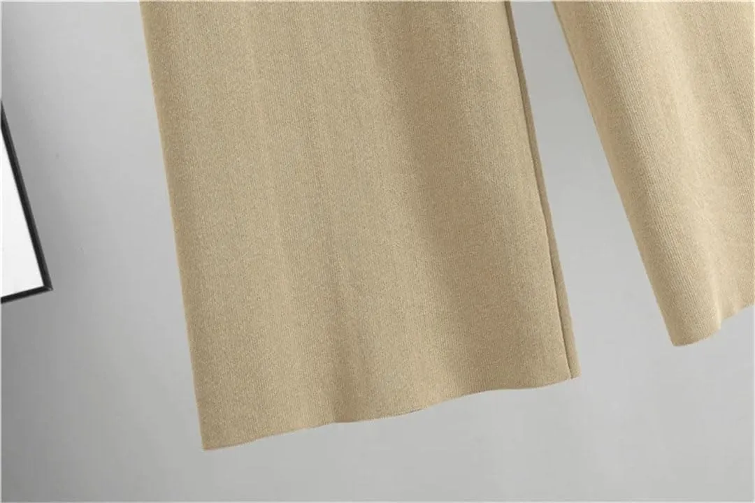 Women's Knit Sweater Sets Large Gold Button V-Neck Cardigan Coats Conjunto High Waist Baggy Wide Leg Pants Suits