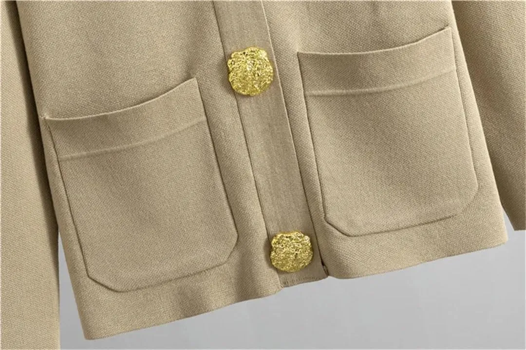 Women's Knit Sweater Sets Large Gold Button V-Neck Cardigan Coats Conjunto High Waist Baggy Wide Leg Pants Suits