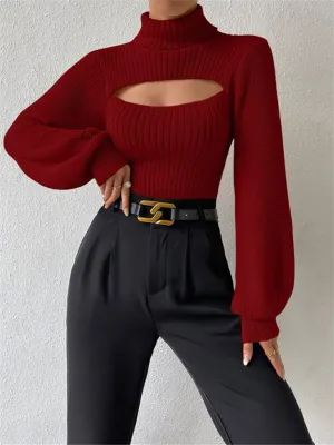 Women's loose versatile sweater turtleneck hollow sweater outer top