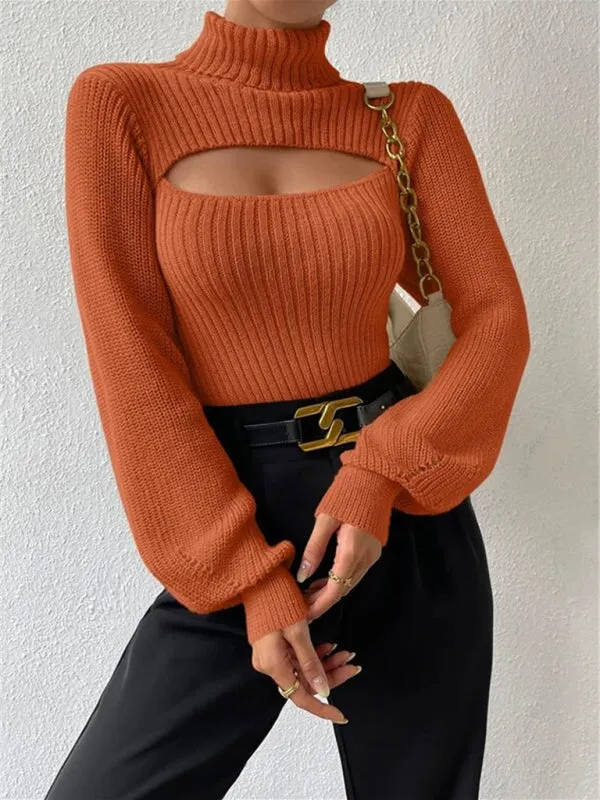 Women's loose versatile sweater turtleneck hollow sweater outer top