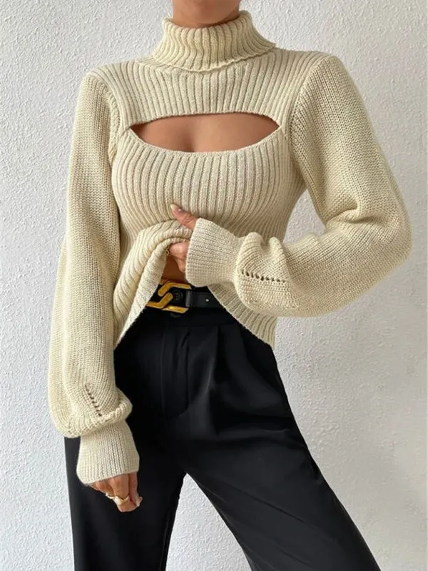 Women's loose versatile sweater turtleneck hollow sweater outer top
