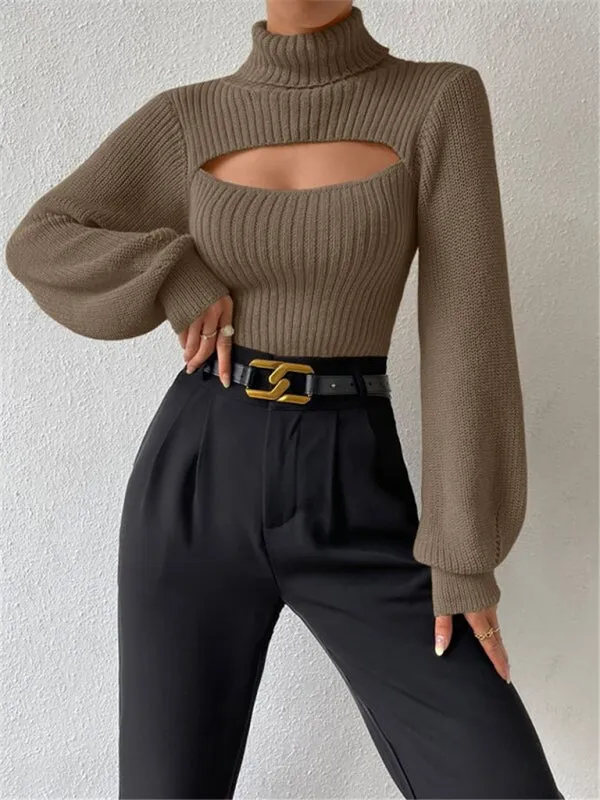 Women's loose versatile sweater turtleneck hollow sweater outer top