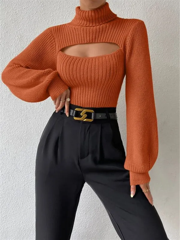 Women's loose versatile sweater turtleneck hollow sweater outer top
