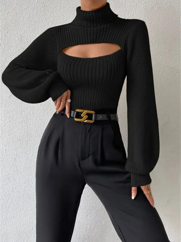 Women's loose versatile sweater turtleneck hollow sweater outer top