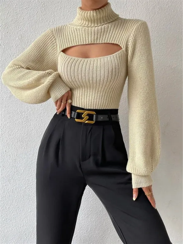 Women's loose versatile sweater turtleneck hollow sweater outer top