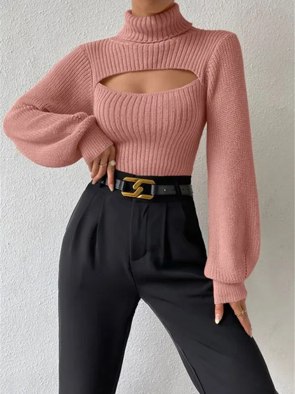 Women's loose versatile sweater turtleneck hollow sweater outer top