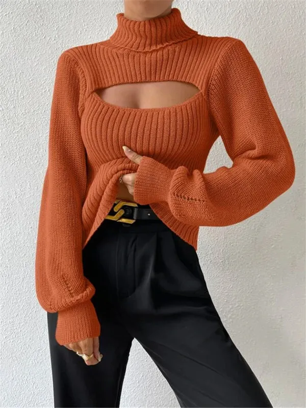 Women's loose versatile sweater turtleneck hollow sweater outer top