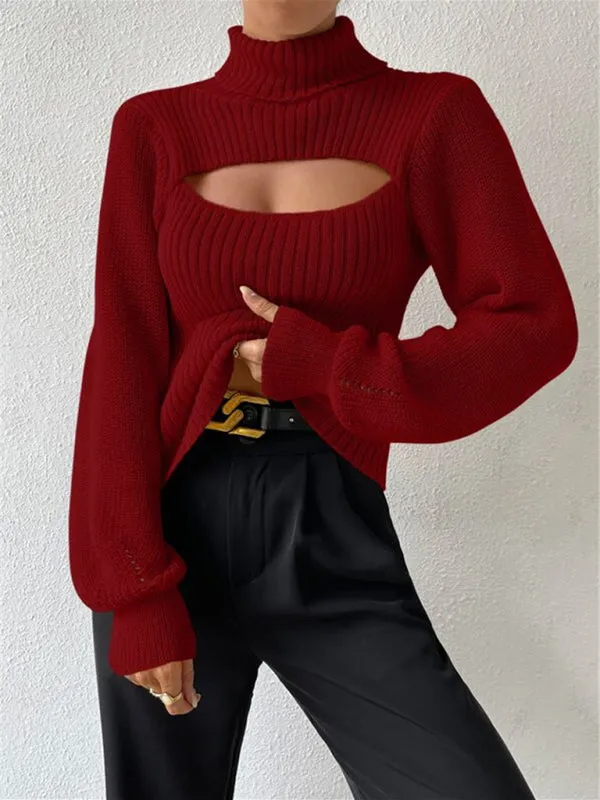 Women's loose versatile sweater turtleneck hollow sweater outer top