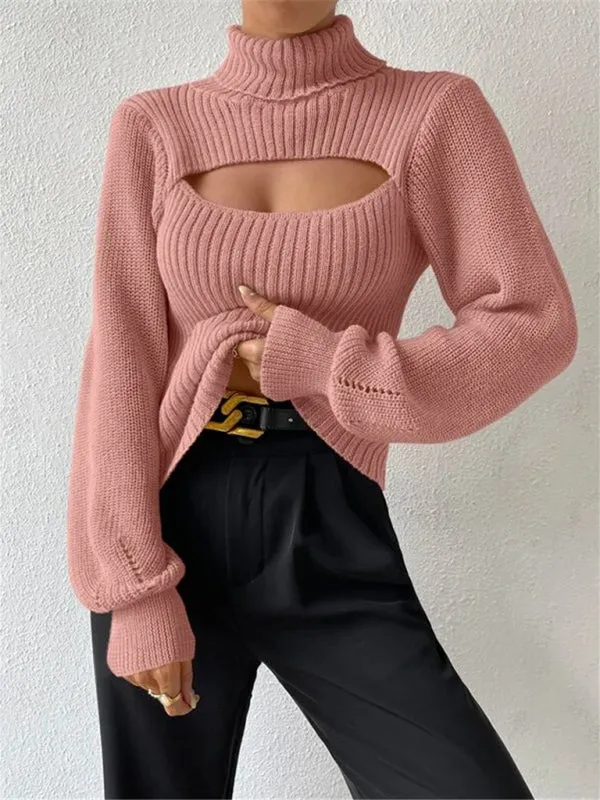 Women's loose versatile sweater turtleneck hollow sweater outer top