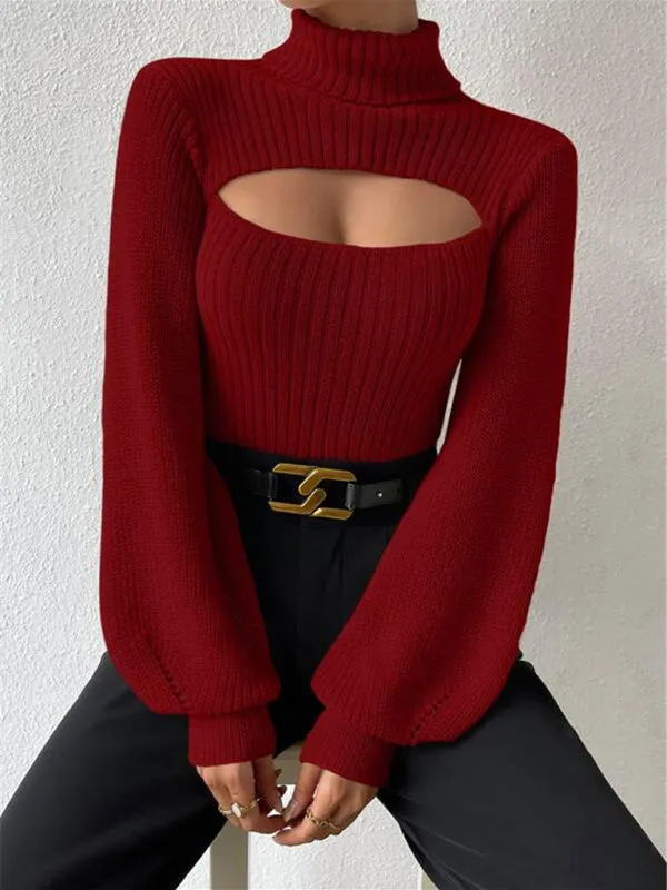 Women's loose versatile sweater turtleneck hollow sweater outer top