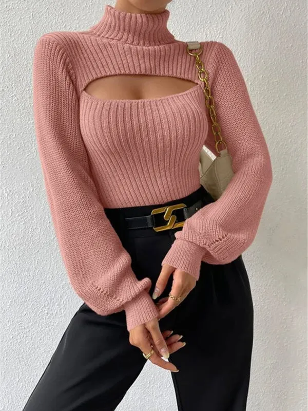 Women's loose versatile sweater turtleneck hollow sweater outer top