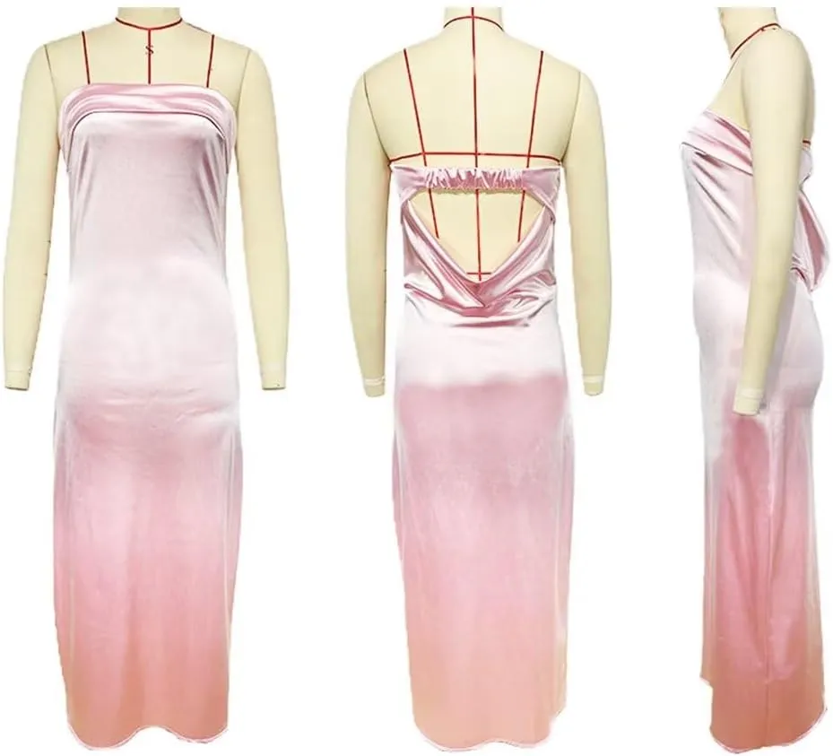 Women's Satin Tube Sexy Backless Formal Wedding Guest Evening Party Maxi Dresses Gala Dress