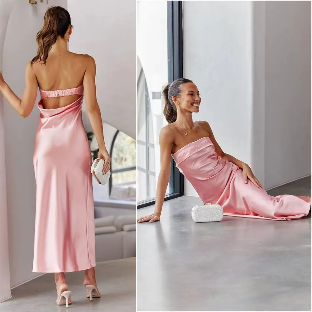 Women's Satin Tube Sexy Backless Formal Wedding Guest Evening Party Maxi Dresses Gala Dress