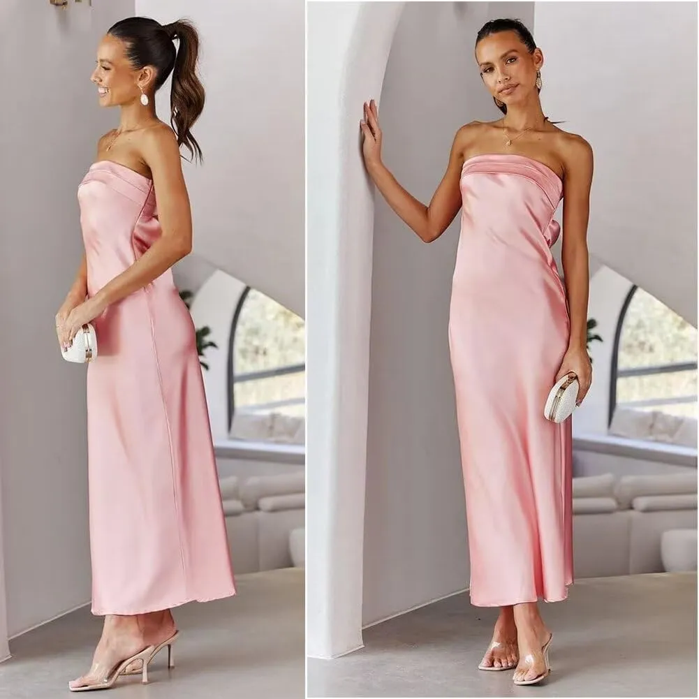 Women's Satin Tube Sexy Backless Formal Wedding Guest Evening Party Maxi Dresses Gala Dress