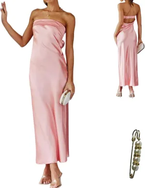 Women's Satin Tube Sexy Backless Formal Wedding Guest Evening Party Maxi Dresses Gala Dress