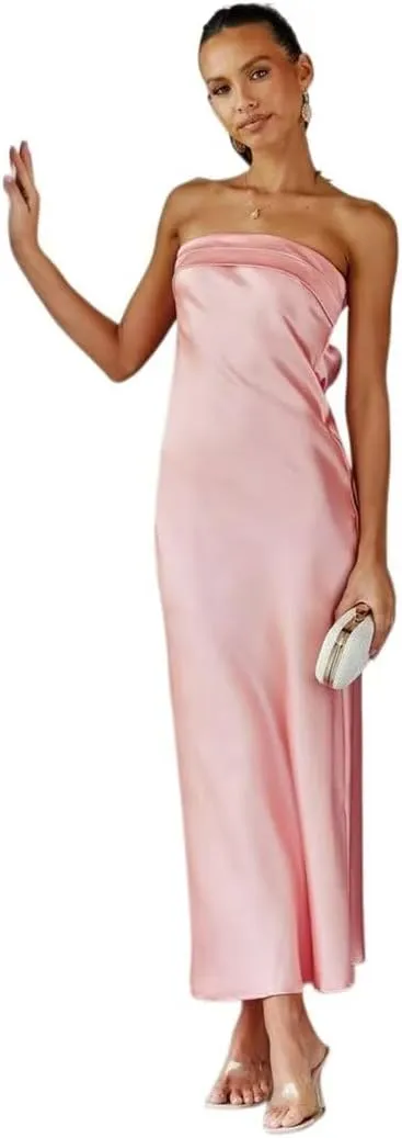 Women's Satin Tube Sexy Backless Formal Wedding Guest Evening Party Maxi Dresses Gala Dress