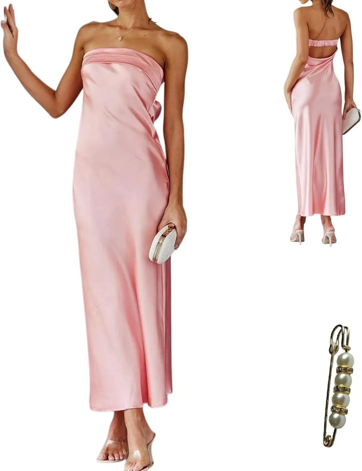 Women's Satin Tube Sexy Backless Formal Wedding Guest Evening Party Maxi Dresses Gala Dress
