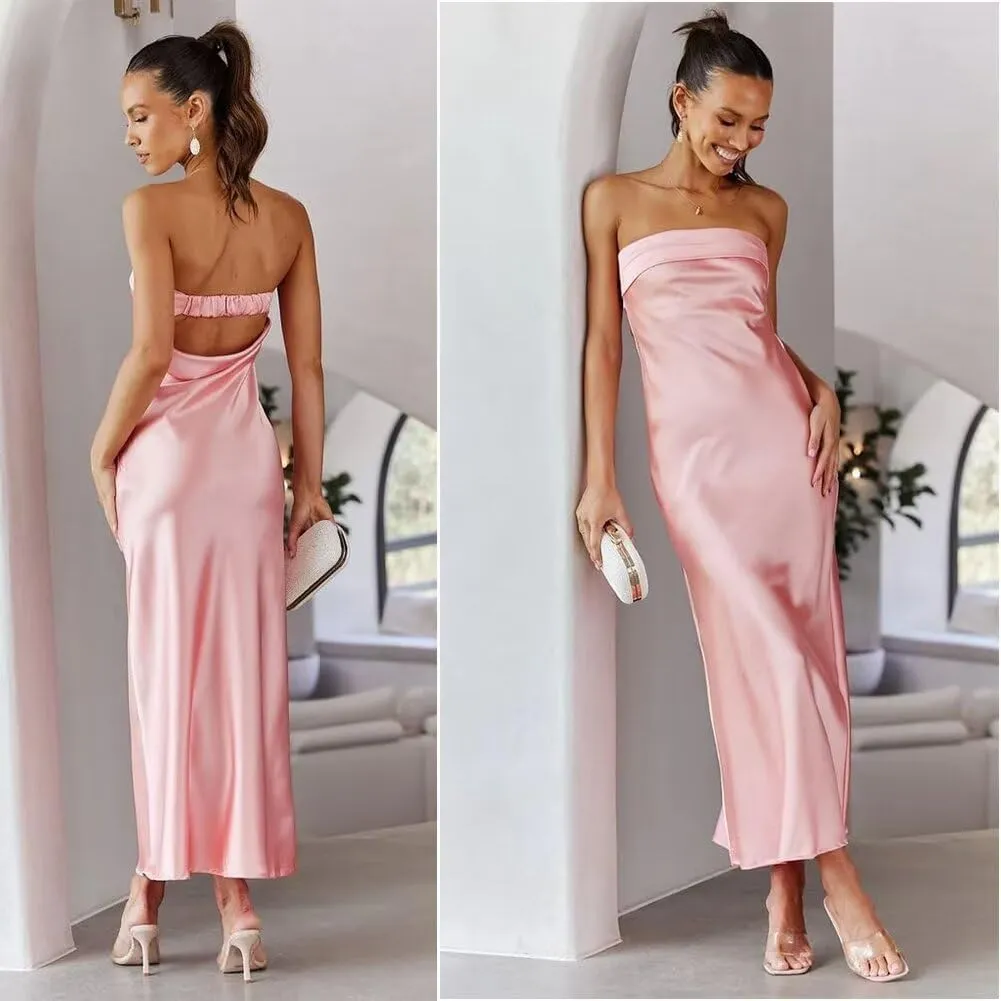 Women's Satin Tube Sexy Backless Formal Wedding Guest Evening Party Maxi Dresses Gala Dress