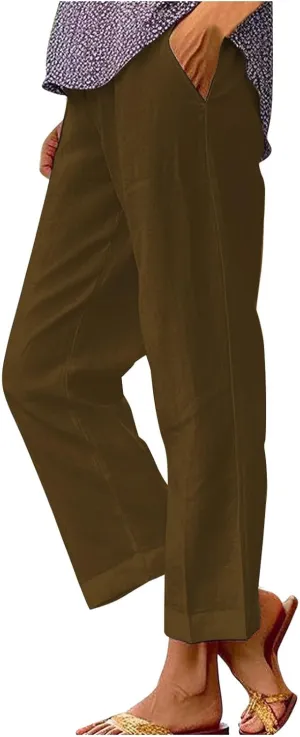 Women's Summer Drawstring Waist Pants Long Drawstring Linen Women Waist Cotton Casual Pants Summer Boho Wide Leg