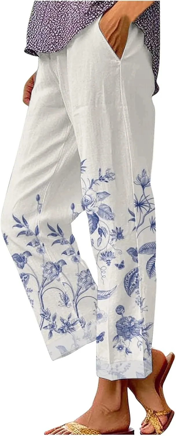 Women's Summer Drawstring Waist Pants Long Drawstring Linen Women Waist Cotton Casual Pants Summer Boho Wide Leg