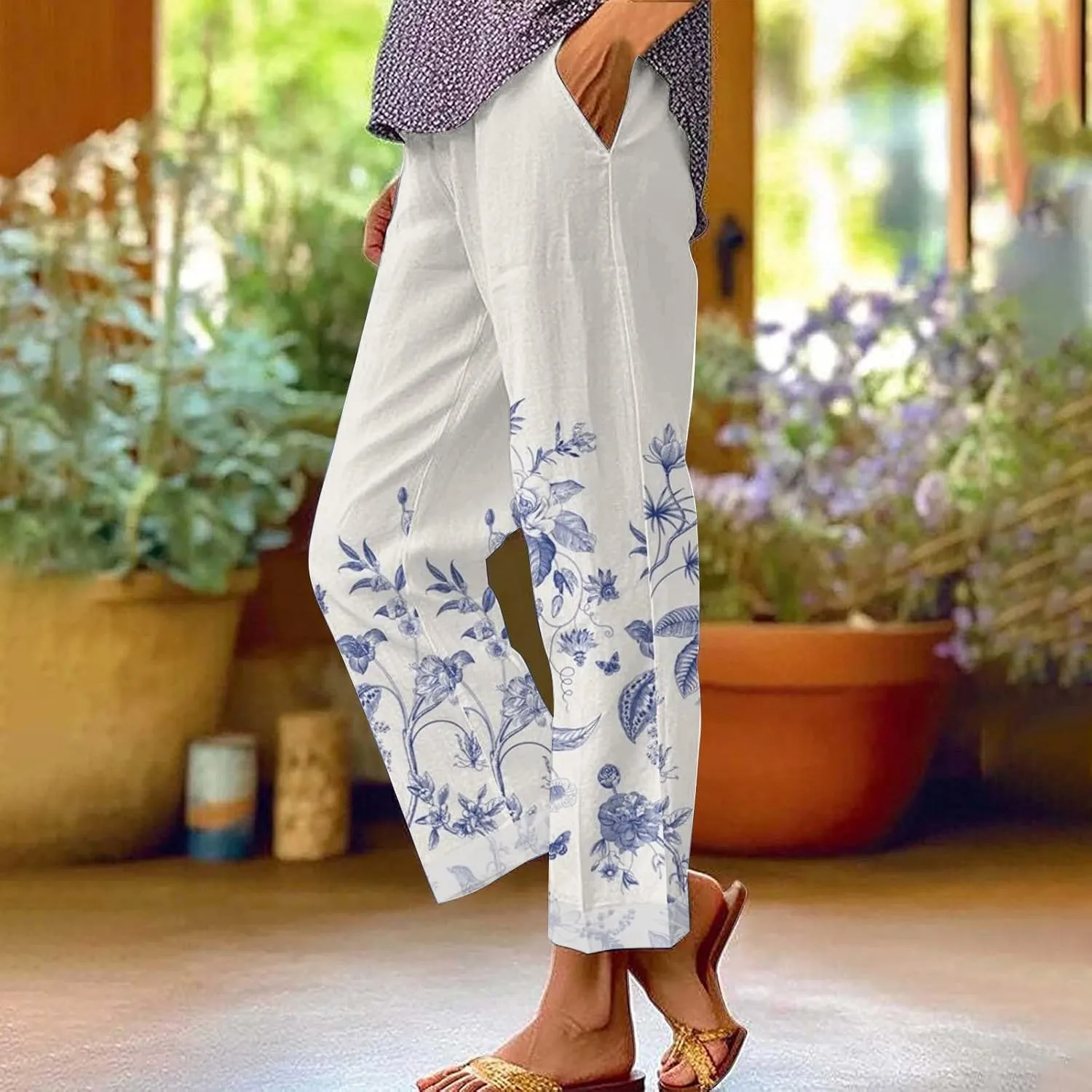 Women's Summer Drawstring Waist Pants Long Drawstring Linen Women Waist Cotton Casual Pants Summer Boho Wide Leg
