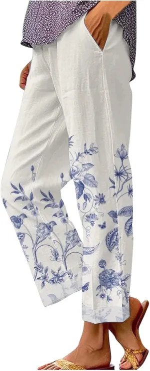 Women's Summer Drawstring Waist Pants Long Drawstring Linen Women Waist Cotton Casual Pants Summer Boho Wide Leg