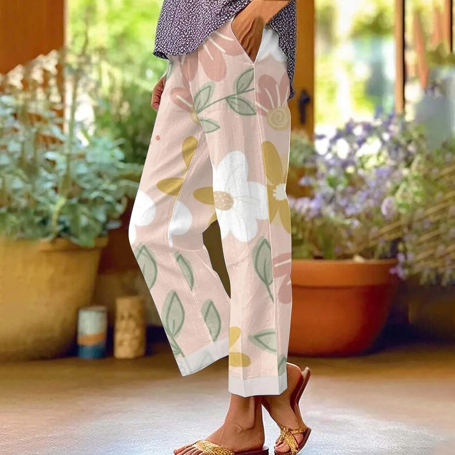 Women's Summer Drawstring Waist Pants Long Drawstring Linen Women Waist Cotton Casual Pants Summer Boho Wide Leg