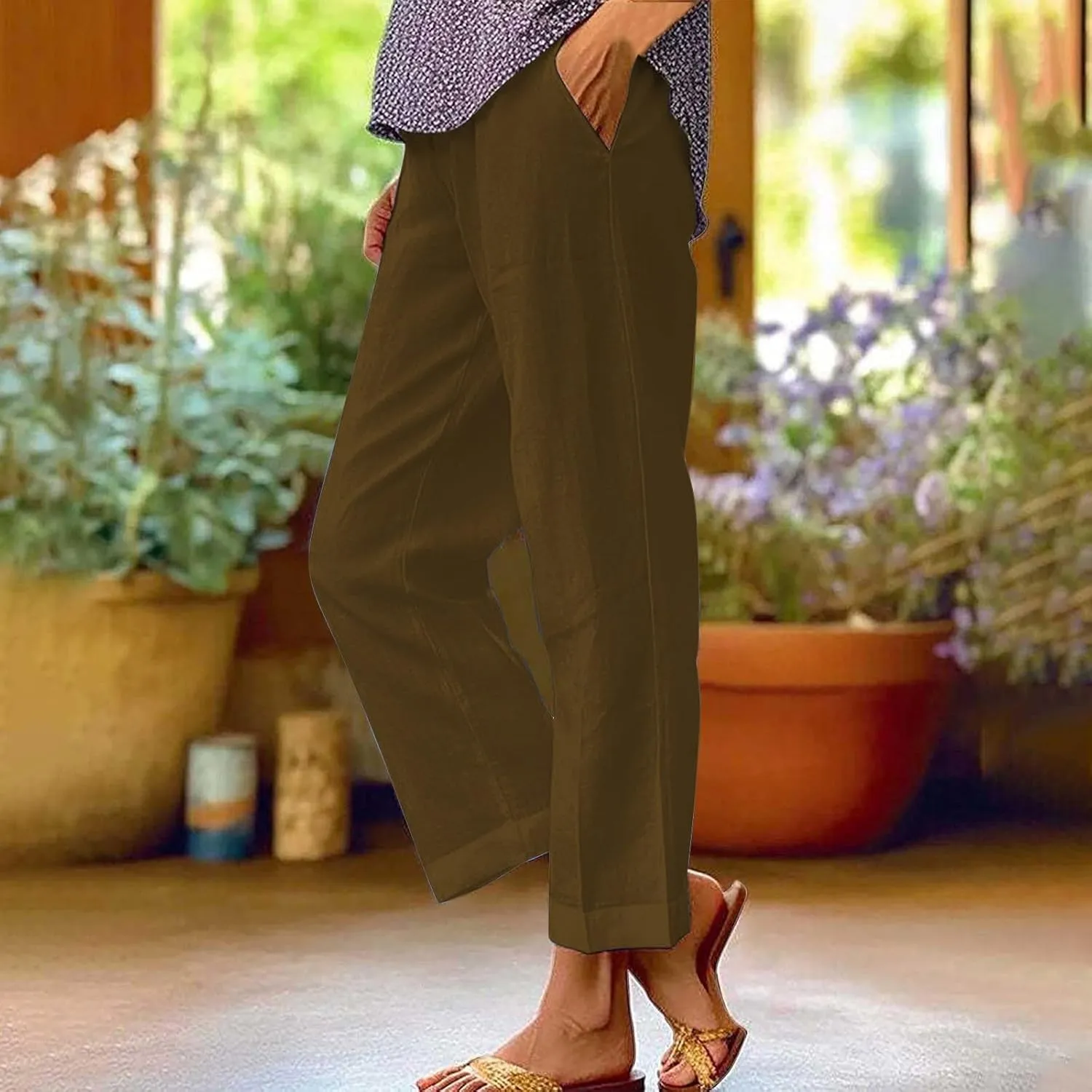 Women's Summer Drawstring Waist Pants Long Drawstring Linen Women Waist Cotton Casual Pants Summer Boho Wide Leg