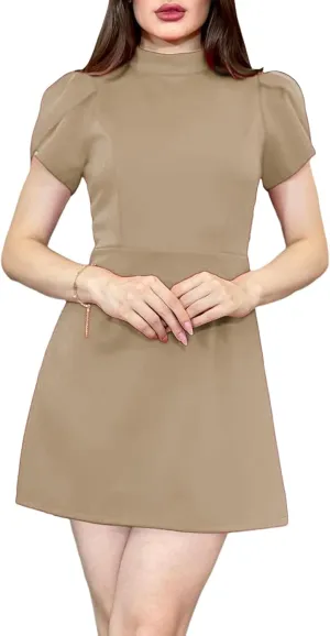 Women's Summer Tulip Short Sleeve Mock Neck Dresses Elegant Formal Mini Dress