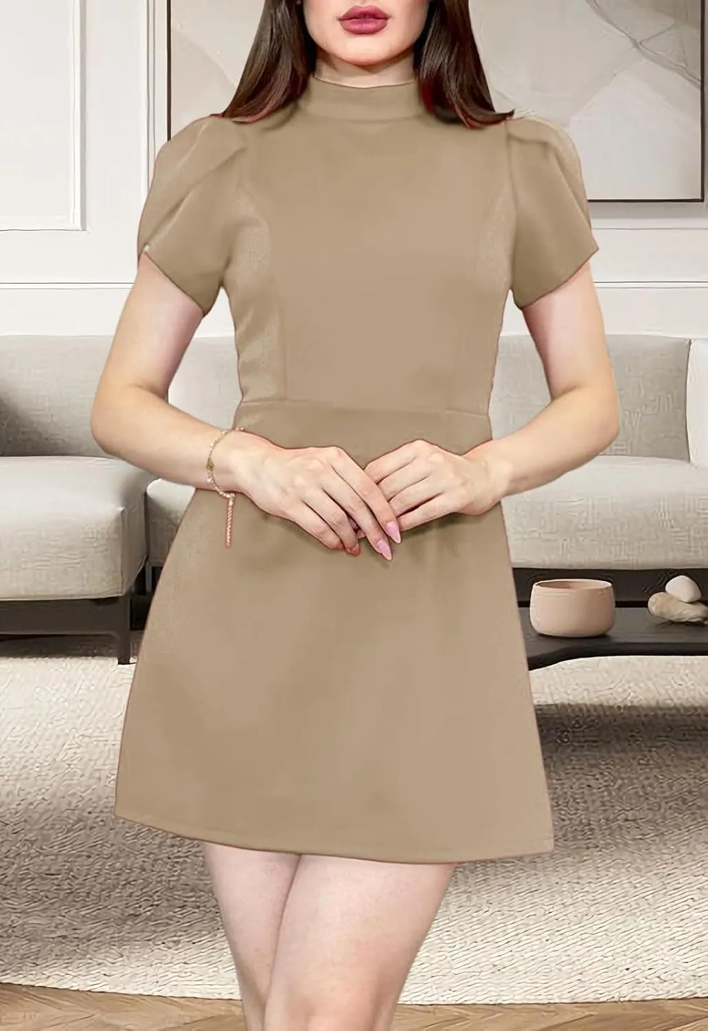Women's Summer Tulip Short Sleeve Mock Neck Dresses Elegant Formal Mini Dress