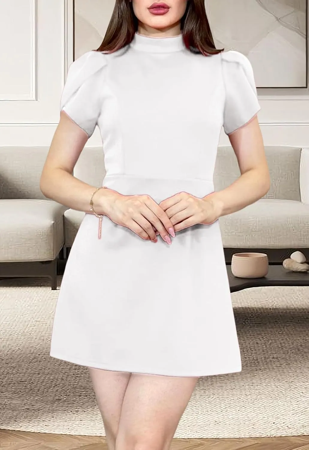 Women's Summer Tulip Short Sleeve Mock Neck Dresses Elegant Formal Mini Dress