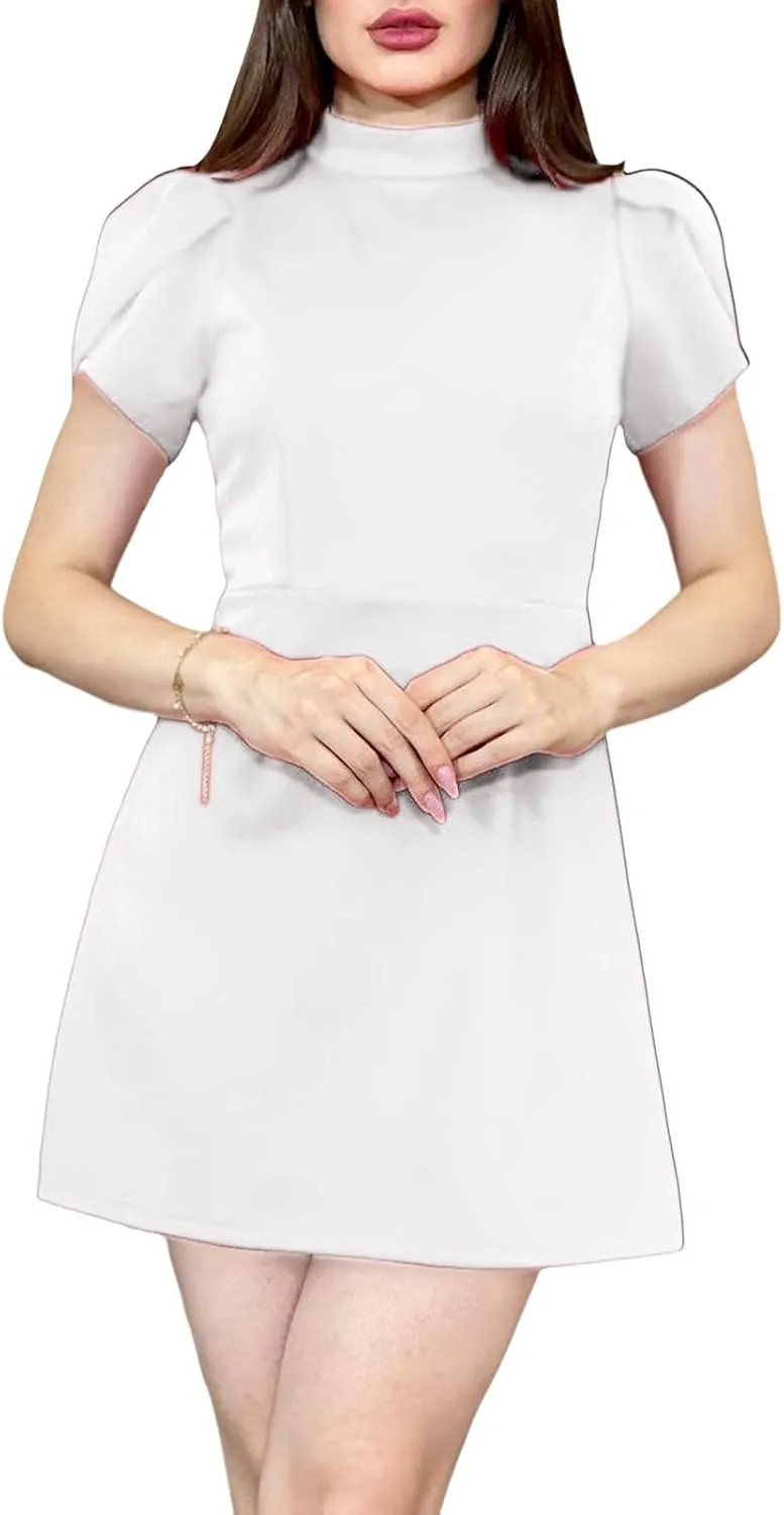 Women's Summer Tulip Short Sleeve Mock Neck Dresses Elegant Formal Mini Dress
