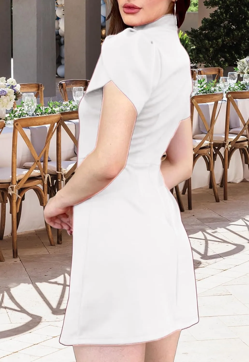 Women's Summer Tulip Short Sleeve Mock Neck Dresses Elegant Formal Mini Dress