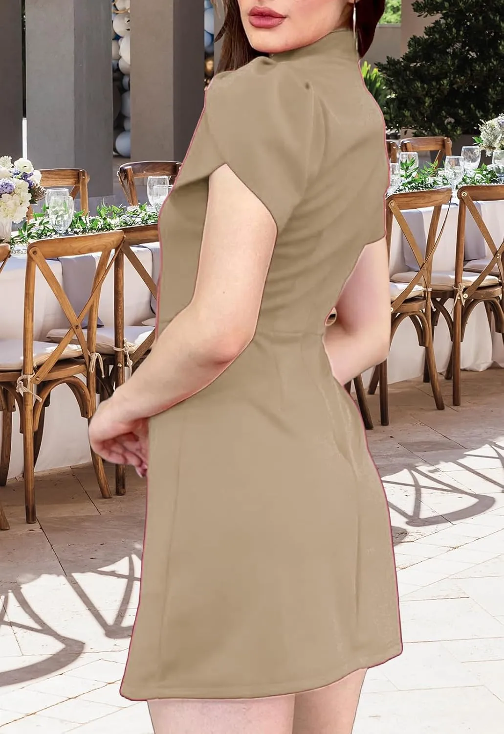 Women's Summer Tulip Short Sleeve Mock Neck Dresses Elegant Formal Mini Dress