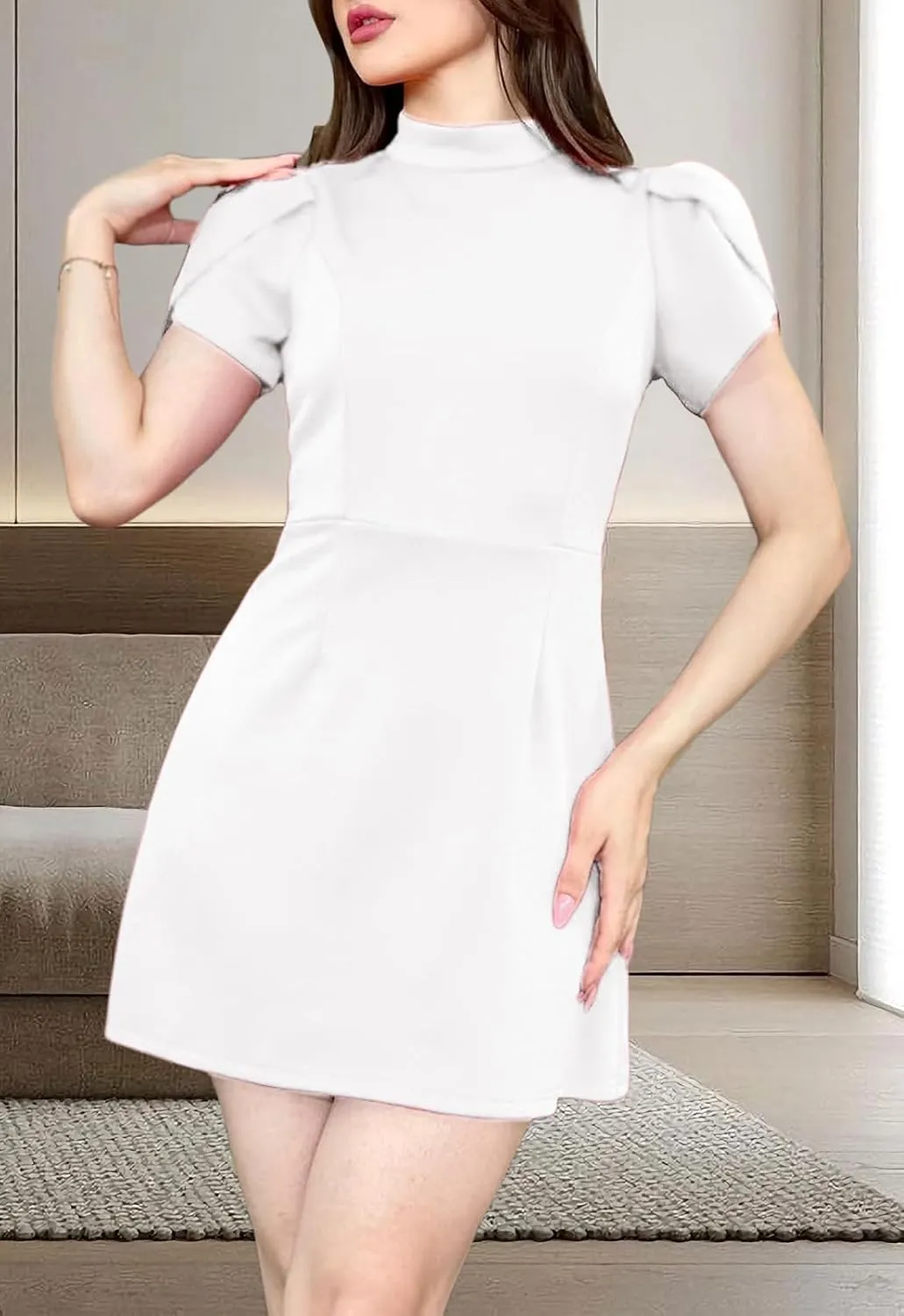 Women's Summer Tulip Short Sleeve Mock Neck Dresses Elegant Formal Mini Dress