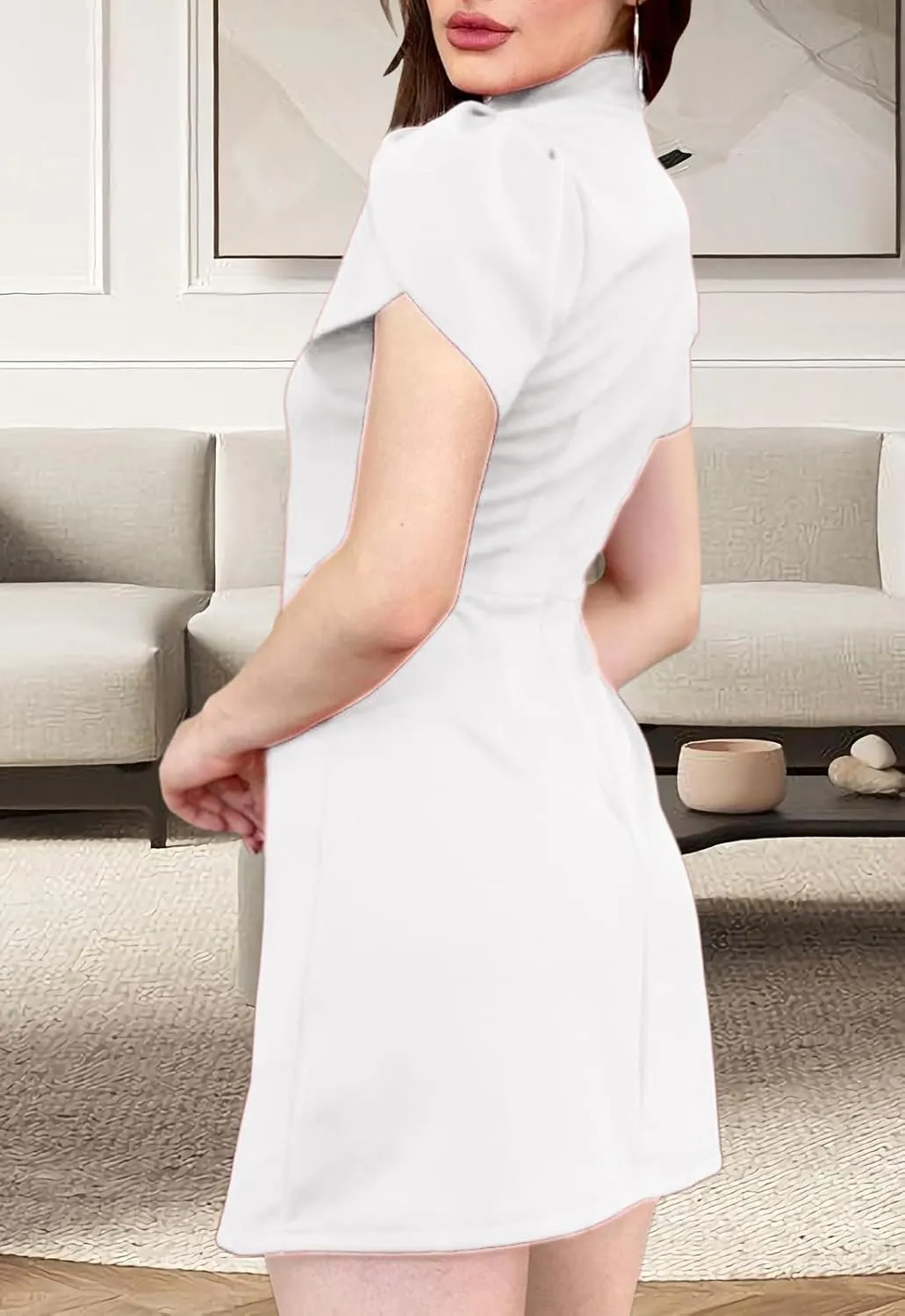 Women's Summer Tulip Short Sleeve Mock Neck Dresses Elegant Formal Mini Dress