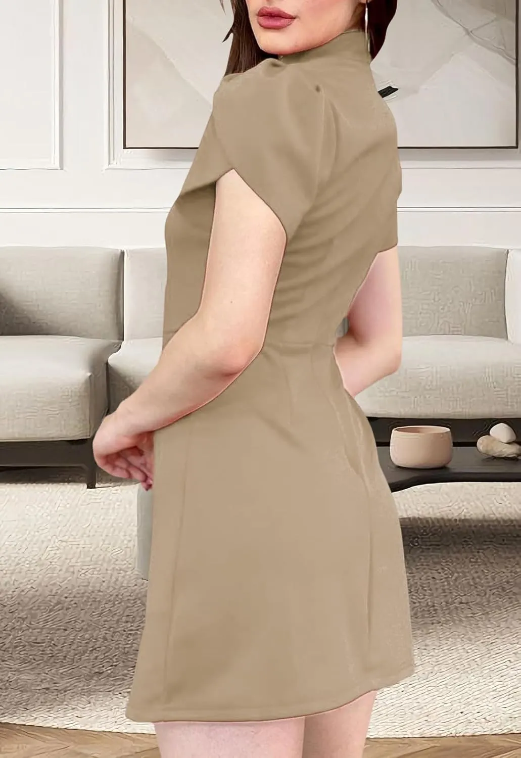 Women's Summer Tulip Short Sleeve Mock Neck Dresses Elegant Formal Mini Dress