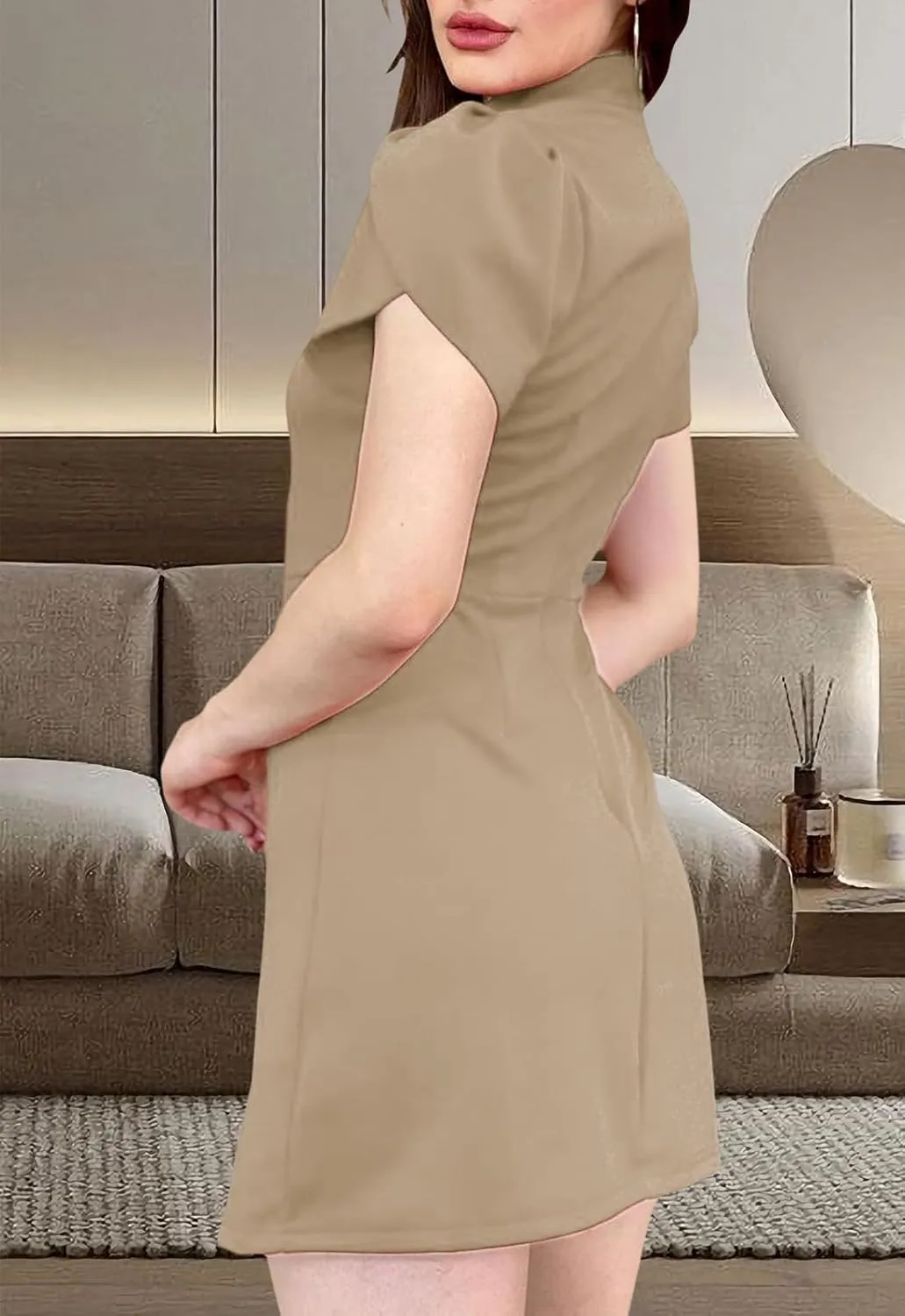 Women's Summer Tulip Short Sleeve Mock Neck Dresses Elegant Formal Mini Dress