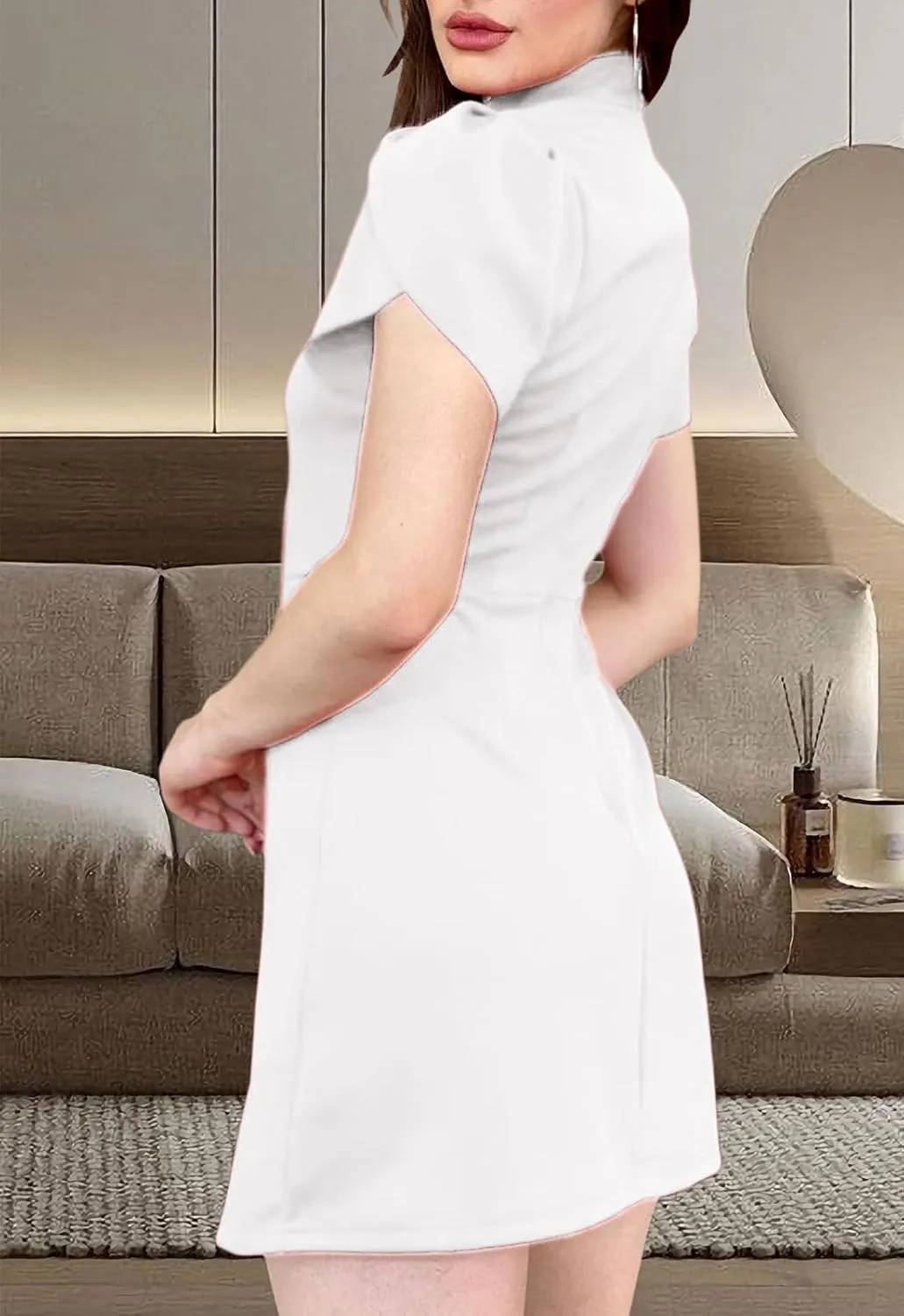 Women's Summer Tulip Short Sleeve Mock Neck Dresses Elegant Formal Mini Dress