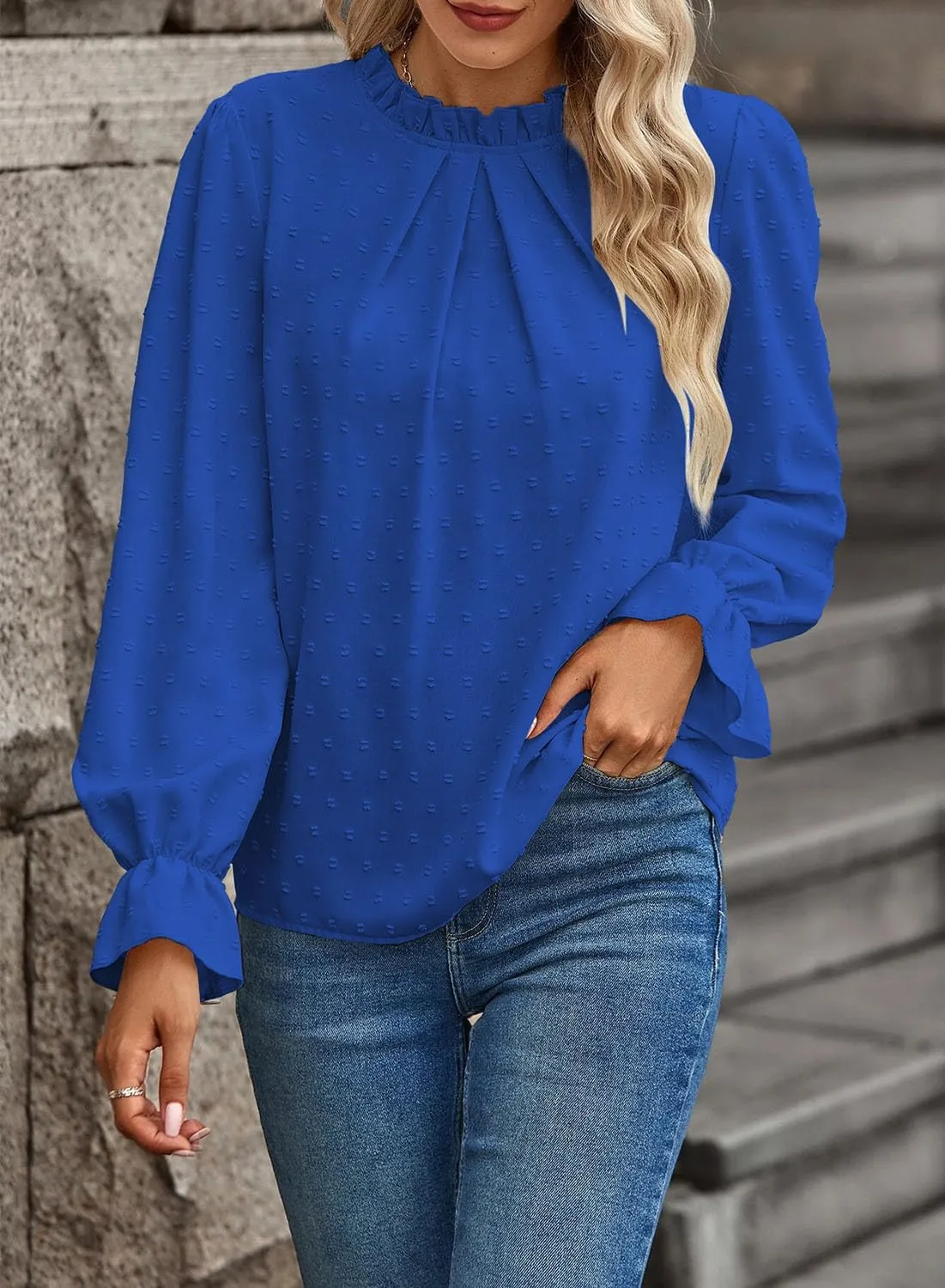 Women's Swiss Dot Shirt Ruffle Long Sleeve Pleated Crewneck Blouse Casual Loose Tops