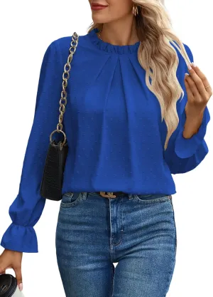 Women's Swiss Dot Shirt Ruffle Long Sleeve Pleated Crewneck Blouse Casual Loose Tops
