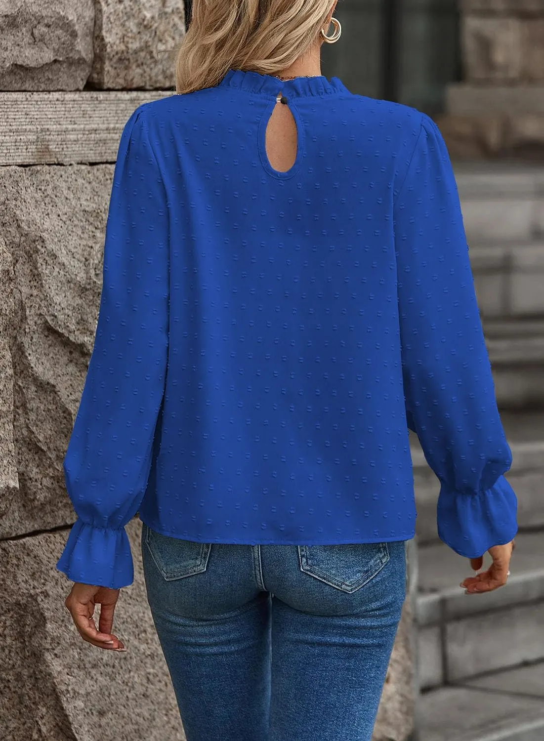 Women's Swiss Dot Shirt Ruffle Long Sleeve Pleated Crewneck Blouse Casual Loose Tops
