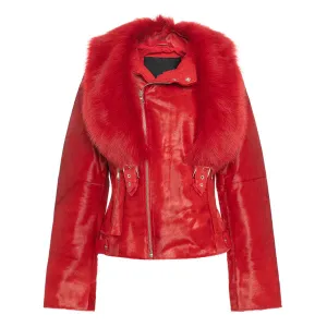 Women's Tara Calf Faux Shearling Red Fur Leather Jacket