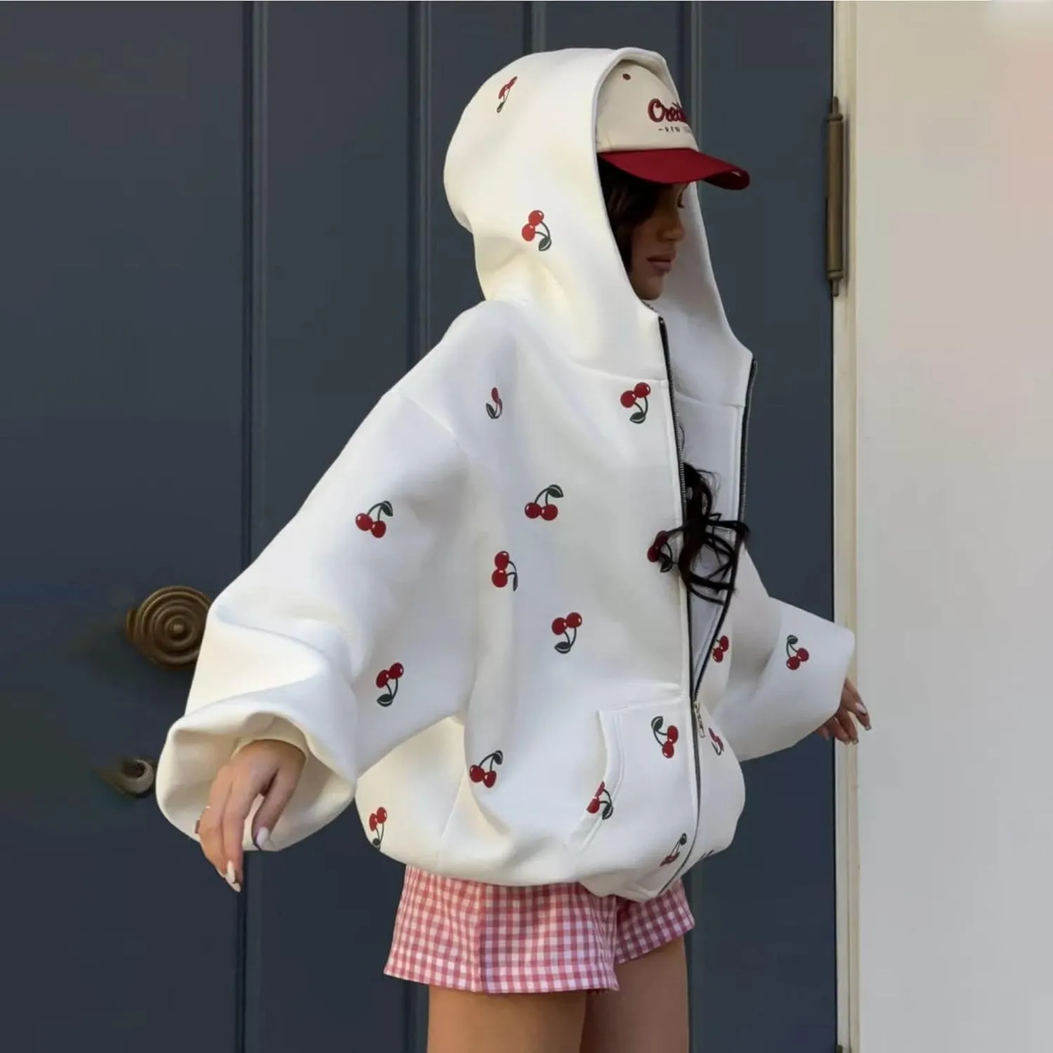 Xunger Women's Cute Cherry Hoodie Long Sleeve Zip Up Printed Jacket Oversized Warm Sweatshirt with Pocket